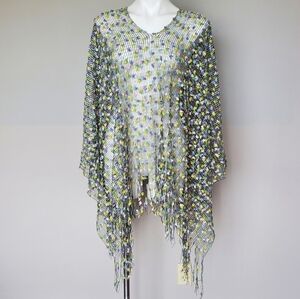 Bohoemian Multi-Color Fringe Open Knit Chenille Pom Pom Poncho